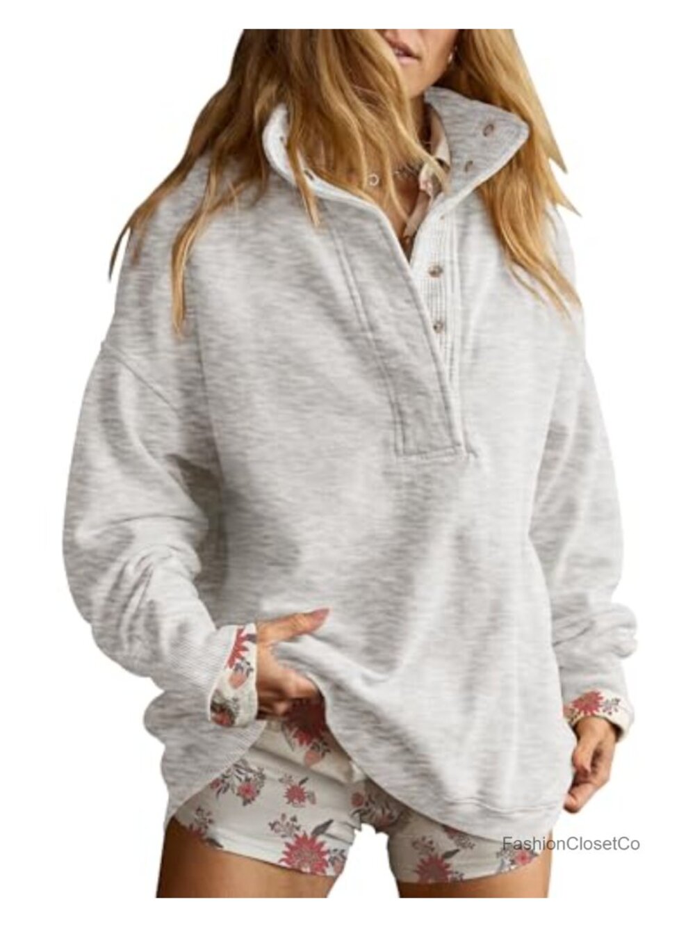 Women's Oversized Cotton Blend Henley Neck Pullover Sweatshirt Long Sleeve